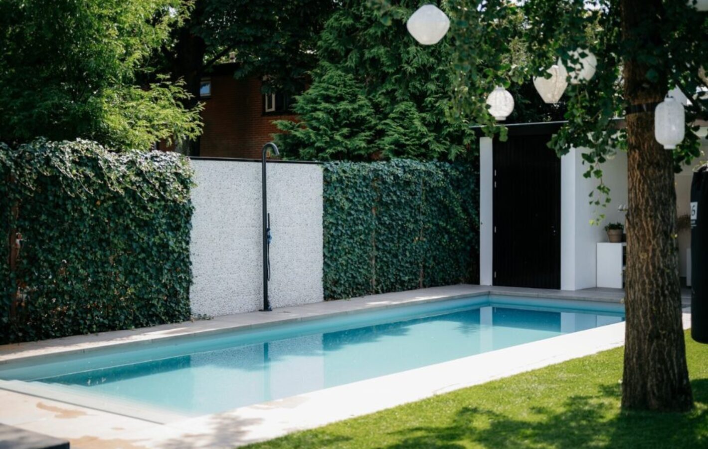 Strakke, onderhoudsvriendelijke tuin met zwembad te Ede